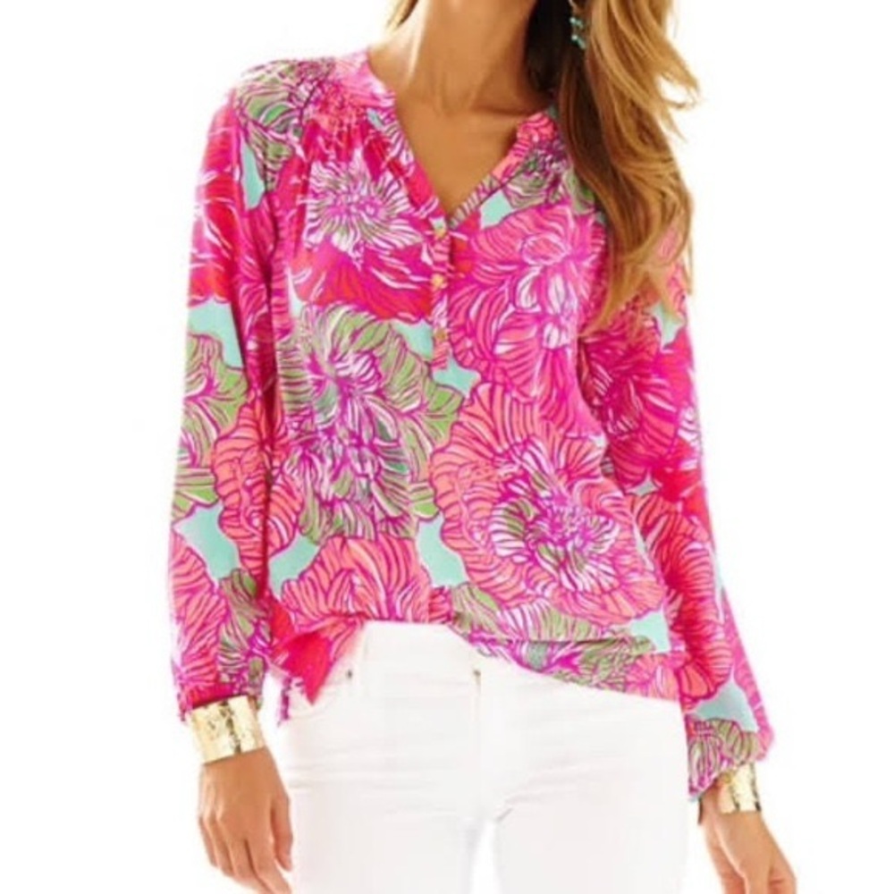 Lilly Pulitzer ELISA Floral silk Blouse “Worth It” print medium